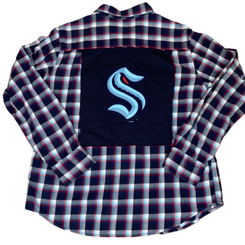 Upcycled Seattle Kraken Flannel Shirt with T-Shirt Patch